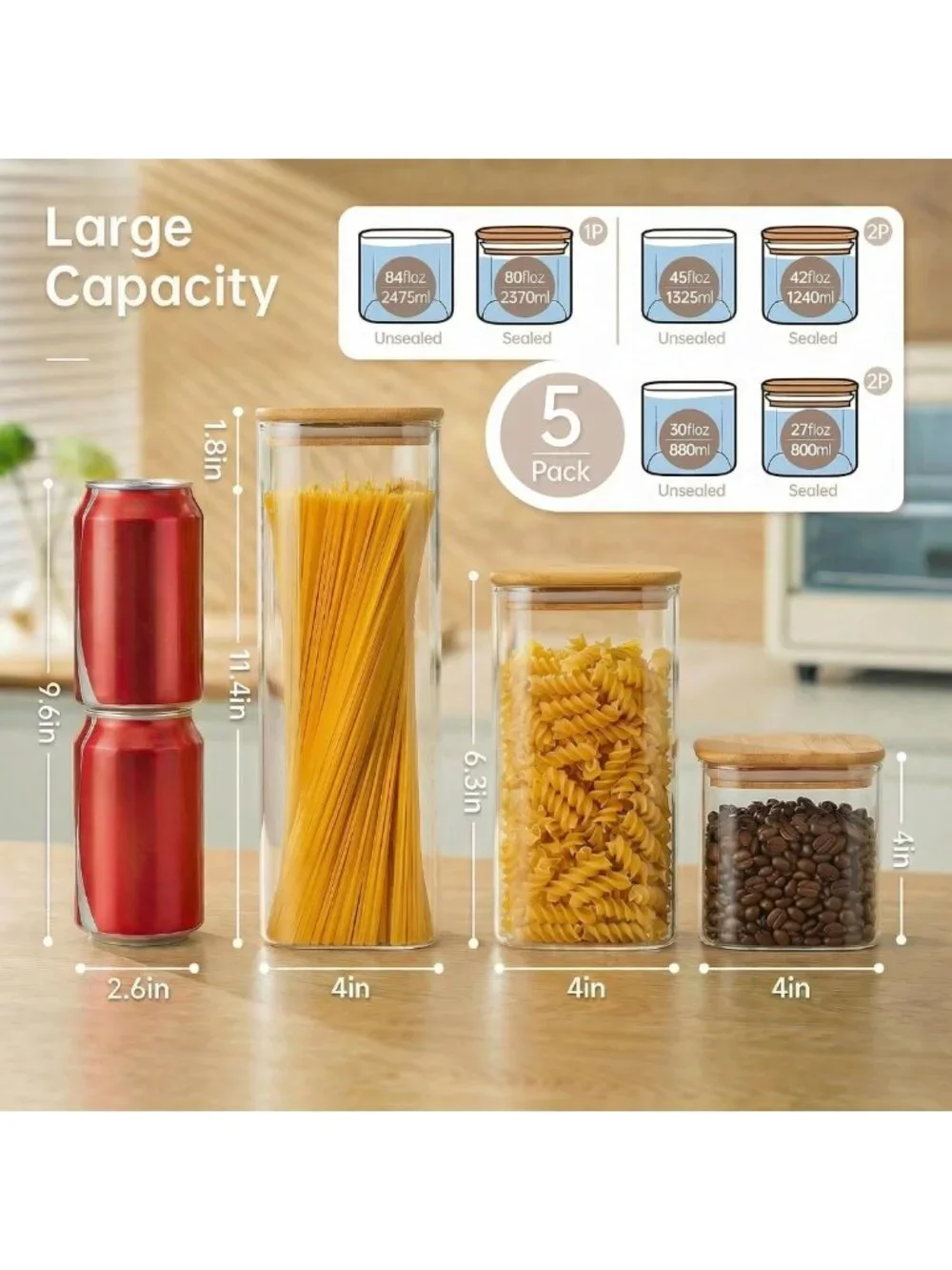 5 Pack Airtight Square Glass Storage Jars with Bamboo Lids for Kitchen